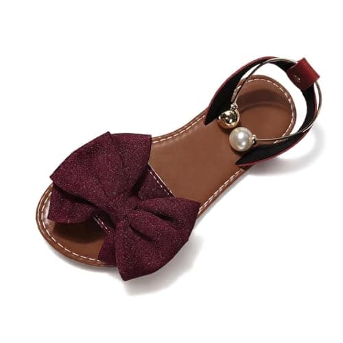 Women's Bow Flat Sandals, Open Toe Slip-On Ankle Strap Summer Dressy Shoes for Party, Wedding, Beach (burgundy,6)