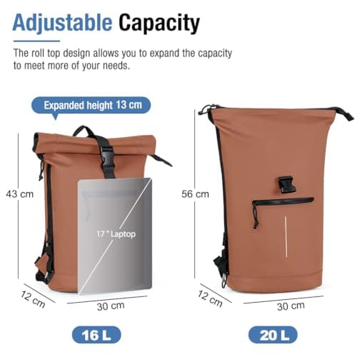Lekeinchi 17-Inch Waterproof Laptop Backpack for Men and Women - Roll Top Design for School, Travel, Business, Work, and Camping(Brown) — view 3