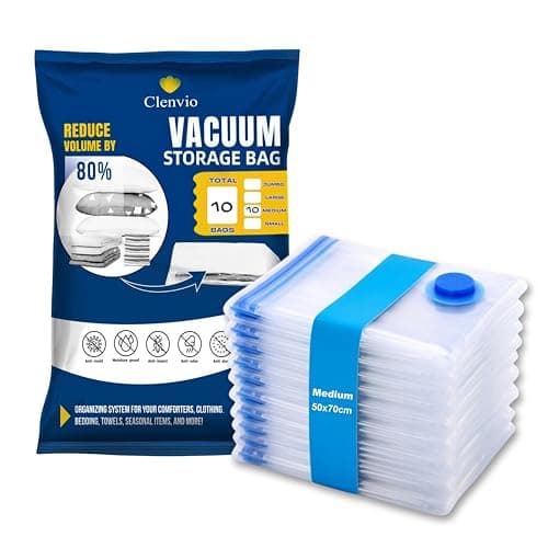 Clenvio Vacuum Compression Storage Bags, 10 Pack Medium, Transparent, Airtight Double-Zip Seal, Space Saver Bags for Clothes and Bedding 7 Layers Premium