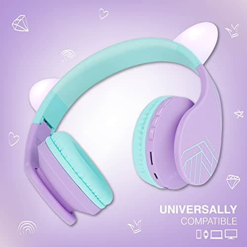 PowerLocus Bluetooth Headphones for Kids, Kids Wireless Headphones Cat Ear LED Light Up, Foldable Volume Limited Headphone with Microphone Wireless/Wired Headset with Micro SD/TF for Phones/PC/iPad — view 6