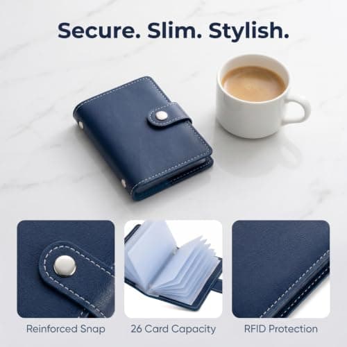 Kemay Minimalist PU Leather Credit Card Holder Wallet for Men & Women, Slim RFID Blocking Bank Card Case with 26 Plastic Insert Sleeves, Travel Business Card Organiser(Dark Blue) — view 6