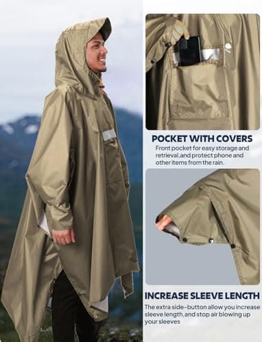 ANYOO Waterproof Rain Poncho Adult Reusable with Sleeves & Reflective Tape — view 5