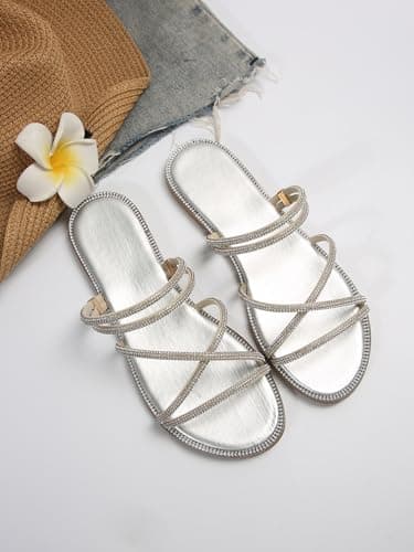 Sksshion Women's Glitter Rhinestone Flat Criss Cross Strappy Open Toe Sandals Slip On Slippers Silver 5.5 — view 6