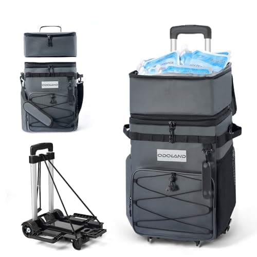 Odoland Cooler Box on Wheels, Leakproof Insulated Soft Rolling Cooler Bag with Stable All Terrain Cart and Handle Collapsible for Camping Beach Fishing Picnic (45L/72Cans Hrey)