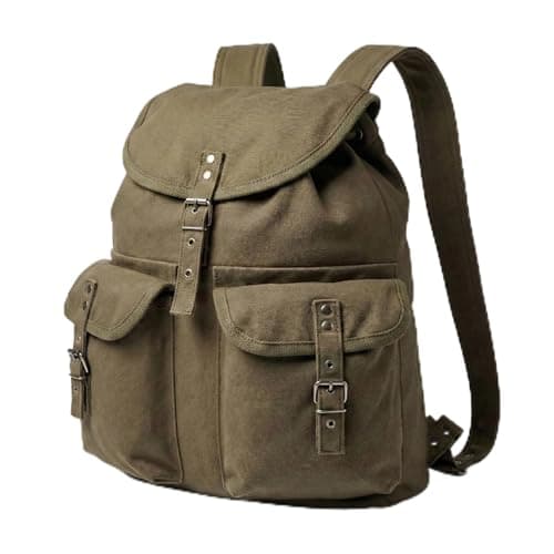 Canvas Backpack Vintage Army Style Rucksack School Gym Bag Camping Hiking Travel Sack Unisex Punk Fashion Daypack - Olive