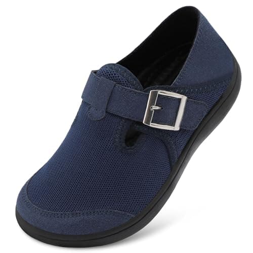 JIASUQI Barefoot Shoes Womens Wide Casual Walking Shoes Zero Drop Minimalist Sneakers with Adjustable Strap Slip on Clogs for Office Shopping Travel(Navy 41,Size UK 7.5)