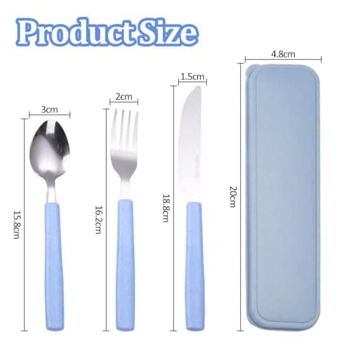 Camping Cutlery, Set of 3 Stainless Steel Travel Cutlery with Case, Cutlery Set to Go, Reusable Camping Cutlery for Outdoor, Travel, Work, School, Dishwasher Safe, Blue — view 2