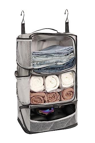ELEZAY Hanging Packing Cubes Portable Closet 3-Shelf Travel Collapsible Compression Garment Organiser for Carry-on Luggage Suitcase Space Saver Bag X-Large_No Side Pockets, Lightgrey