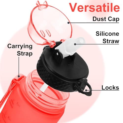 GOPPUS 500ml/17oz Kids Water Bottles with Straw Tritan Childrens Bottle with Flip Top Lid BPA Free Measured Drinks Bottle with Strap Sports Reusable Time Markings Leakproof (Solid Red) — view 3