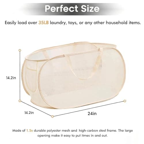 HUANYO Durable Collapsible Laundry Basket, Mesh Pop-up Laundry Hamper with Handy Pocket and Reinforced Carry Handles, Foldable Clothes Hamper for Bathroom, Kids Room or Travel (beige) — view 2