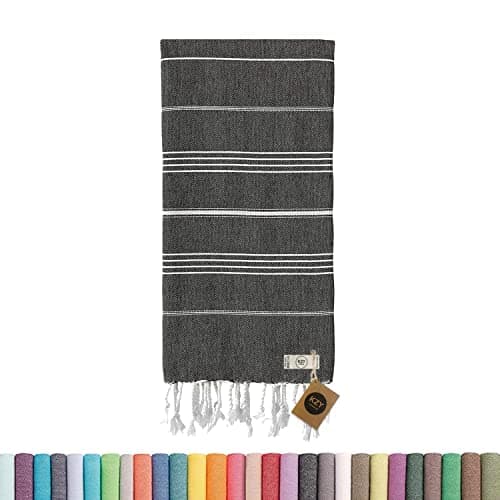 Turkish Beach Towel - 100x180cm Large Turkish Hammam Peshtemal Towel - Super Absorbent, Quick Dry, Sand Free, Lightweight, Compact Towels for Swimming, Bath, Yoga Gym, Sauna and Travel (Black)