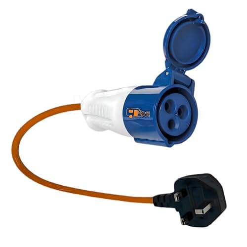 Double Dragon UK caravan mains hook-up adapter – 230V UK 3-pin plug to 16A CEE socket | 13A fused | IP44 splashproof | 50cm hi-vis red fly lead | for campervan, motorhome, RV, boat, generator