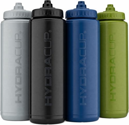 Hydra Cup 4 PACK - 32oz Squeeze Water Bottles, Monochromatic Color Scheme Set, Use as Shaker Cups with Barbell Blender Wire Whisk, Sport & Bike Hydration, Printed Measurement Lines, Squirt, Dark
