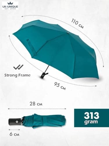 UK-UNIQUE Windproof Travel Umbrella - Compact, Light, Automatic, Strong and Portable - Wind Resistant, Small Folding Backpack Umbrella for Rain - Men and Women (Teal) — view 2
