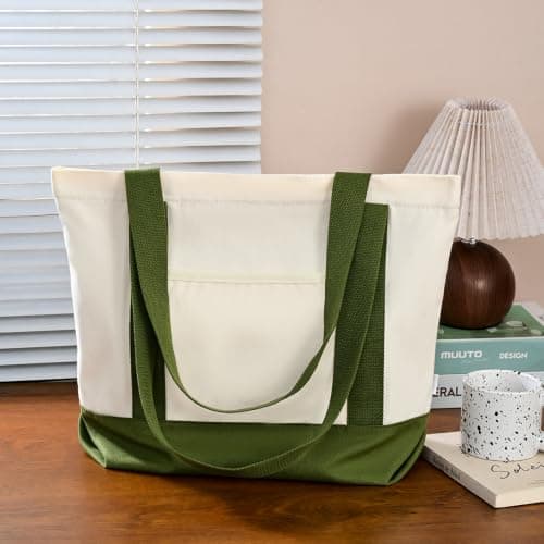 Augbunny Canvas Large Capacity Color Block Zipper Pocket Reusable Shopping Grocery Multi-Purpose Beach Tote Bag — view 2