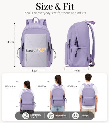 FIORETTO Backpack Womens School Bag Girls Boys, Lightweight Water-Resistant Fits 15.6” Laptop Large Capacity Rucksack with Rain Cover, Ideal for School College Commuting Travel Purple — view 6