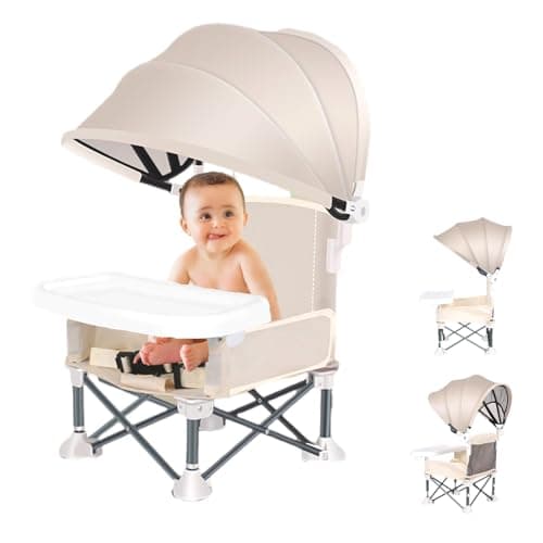 Little Bean Foldable Baby Booster Seat Dining Chair with Detachable Sunshade Travel Portable with Removable Tray for Indoor Outdoor Open Sit Folding Booster Feeding/Camping Chair for Toddler (Beige)