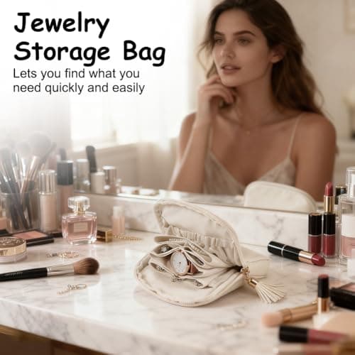 Adiwo Women Jewelry Storage Bag, 6 Layer Jewellery Accessories Pouches, Travel Jewellery Organiser with Zipper, PU Leather, Mini Portable Jewelry Pouch for Trip, for Rings Necklaces Earrings, Beige — view 6