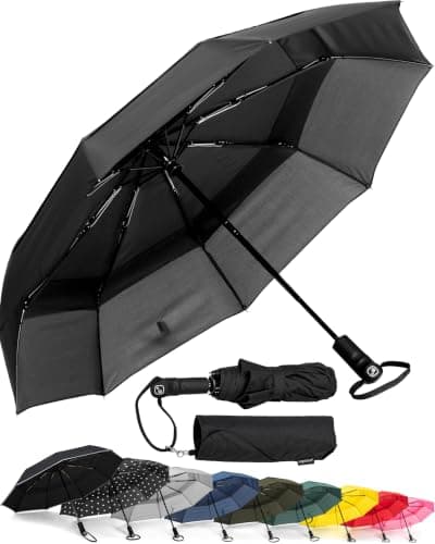 Ergonauts Travel Umbrella Windproof Vented Double Canopy – Teflon Coating, Ergonomic Handle & Protective Sleeve – Portable Compact Foldable Lightweight Design and High Wind Resistance (Classic Black)