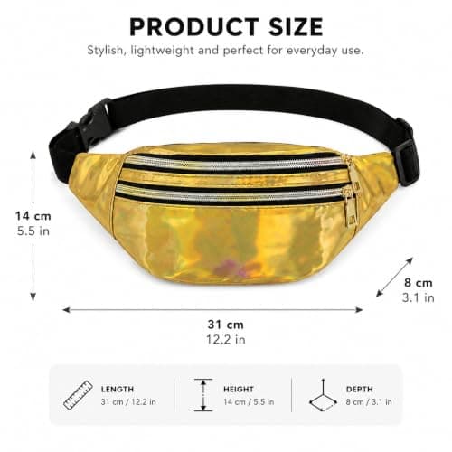 Fashion Metallic Bum Bag,Holographic Waist BagFanny Double Zipper Belt Bag Festival Rave Bumbags Waterproof Hip Pouch for Women Ladies Girls Travel Party Festival Sports Outdoor (Gold) — view 2