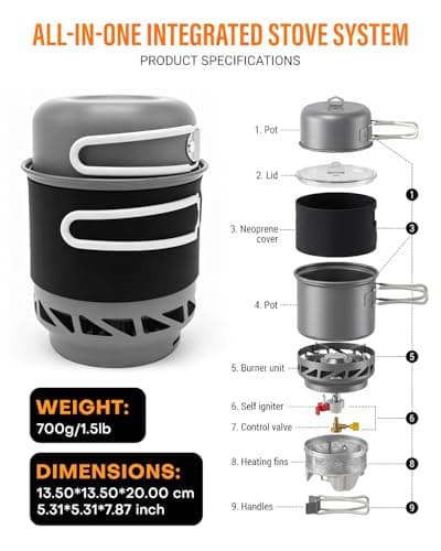 Camping Stove Gas Portable 1L Quick Boil Backpacking Stove with Piezo Ignition, Integrated Pot & Heat Exchange, Lightweight Windproof Burner with Canister Stand for Camping Hiking Trekking — view 2