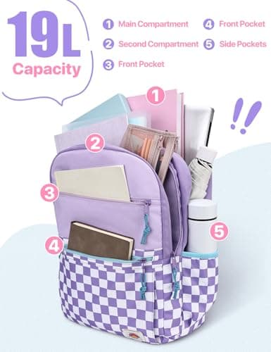 VASCHY School Bag, Lightweight Classic Cute Aesthetic Bookbag Daypack for Teen Girls Traveling/Gym/Middle School Black Lavender Plaid — view 5