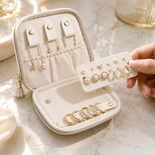 Beige Travel Jewellery Box Organiser Bag, Portable Jewelry Storage Pouch — view 4