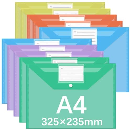 GESDYO Plastic Wallets A4-10Pack Plastic Folders with Label Pocket 5 Assorted Colours Popper Wallet A4 with Snap Button and Label for Home, Office, School and Travel