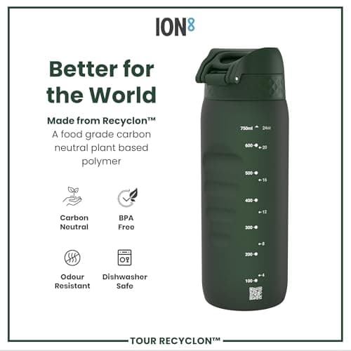ION8 Sports Water Bottle, 750 ml/24 oz, Leak Proof, Easy to Open, Secure Lock, Dishwasher Safe, BPA Free, Flip Cover, Carry Handle, Soft Touch Contoured Grip, Easy Clean, Odour Free, Dark Green — view 5