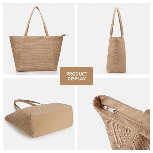 KALIDI Straw Beach Bag for Women Straw Tote Bag with Zip Large Handbag Summer Holiday Bag — view 5