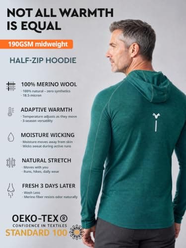 MERINNOVATION 100% Merino Wool Hoodie for Men - Thermal Base Layer Men's Long Sleeve Half Zip Sweatshirt for Hiking Travel, Bayberry Green, L — view 2