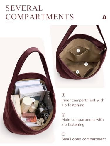KALIDI FANCY FOREST Suede Tote Bag for Women, Multi Pockets Hobo Shoulder Bag, Large Fashion Handbag for School Work Shopping Travel Daily Use - burgundy — view 6