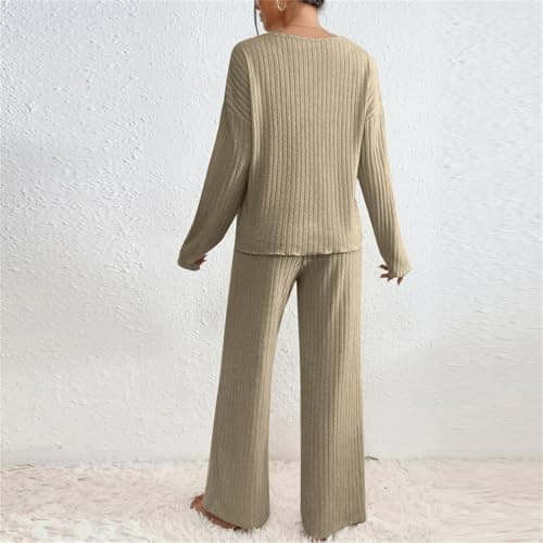 Keepink Lounge Wear Sets for Women UK Tracksuit Knit Ribbed 2 Piece Outfits V Neck Long Sleeve Jumpers + Wide Leg Trousers Pyjamas Set Sleepwear Homewear Travel Sweatsuits Tall/Petite — view 4