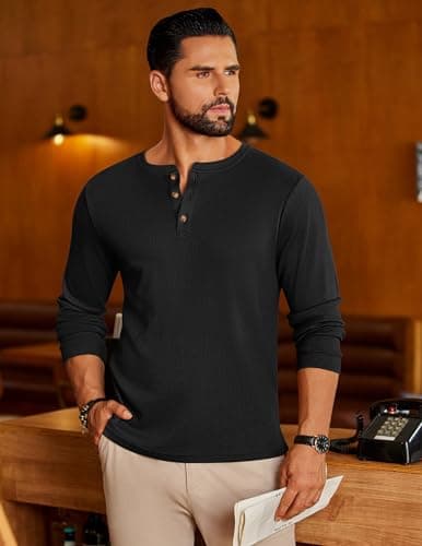 Ekouaer Mens Long Sleeve Shirt Waffle Knit Henley Tops Black L — view 2