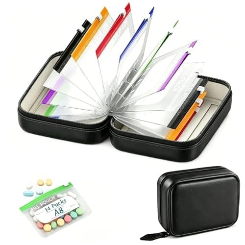 A8 Waterproof Pill Organiser Pouch Set with 14 Color Pill Pouches, Large Weekly Travel Pill Pouch Organizer, 7–14 Day Portable Reusable Medicine Storage Binder Design Zippered Pill Storage (Black)