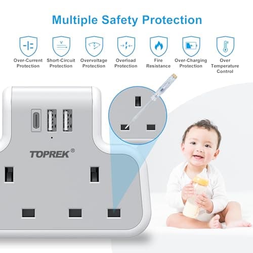 TOPREK Multi Plug Extension Socket with 2USB-A & 1USB-C, 2 Way Plug Adapter — view 6