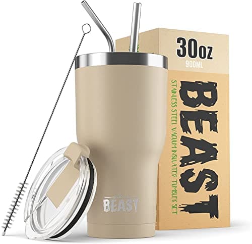 Beast Tumbler - 900 ml (30 oz), Beige Sand | Reusable Stainless Steel, Vacuum Insulated Cup | with + 2 Straws & Cleaning Brush | Double Wall Travel Flask Perfect for Hot or Iced Coffee | BPA Free