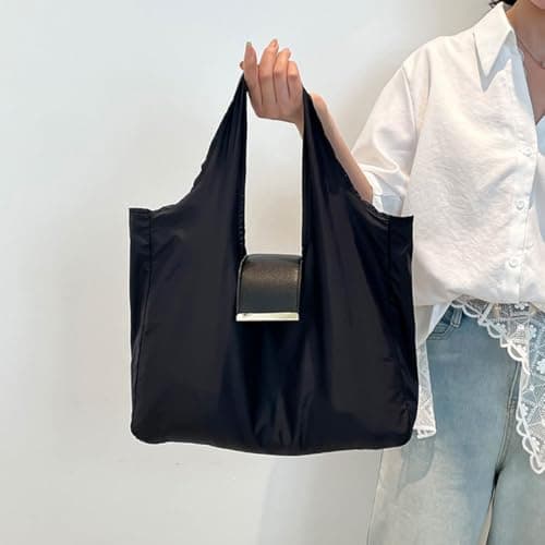 Foldable Keychain Tote Bag with Premium Leather Pouch Expandable Reusable Grocery Shopping Bag Large Capacity Lightweight Portable Handbag for Travel Daily Use (black) — view 2