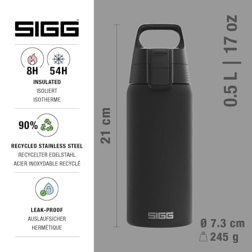 Sigg - Stainless Steel Insulated Water Bottle - Shield Therm One - Suitable for Carbonated Beverages - Leakproof - Dishwasher Safe - BPA Free - 90% Recycled - for the Outdoor - Black - 0.5L — view 2