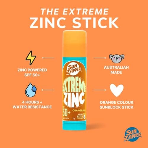Sun Zapper Zinc Stick - Orange Colour Sunblock SPF50+ Zinc Oxide Sunscreen Stick for Face Mineral Sun Cream Made in Australia — view 2