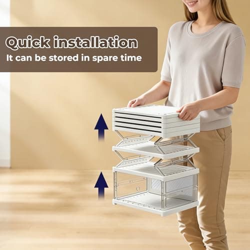 KU Syang Shoe Storage Box,8PCS Shoe Organiser Stackable with Magnetic Door Storage Organise Foldable Space Saving,Fits up to UK Size 12, Transparent and White — view 6