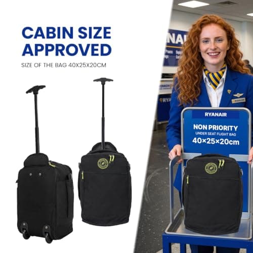 Bordlite Ryanair Cabin Bag 40x25x20cm Underseat Wheeled Travel Bag, Lightweight 20L Hand Luggage with Telescopic Handle, Smooth Wheels, Compression Straps, Side Pocket & Luggage Strap – Black/Black — view 4
