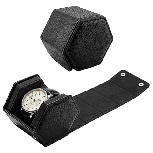 Yaliang Genuine Leather Hexagon Watch Roll Travel Case for Treasured Watches and Bracelets,Black