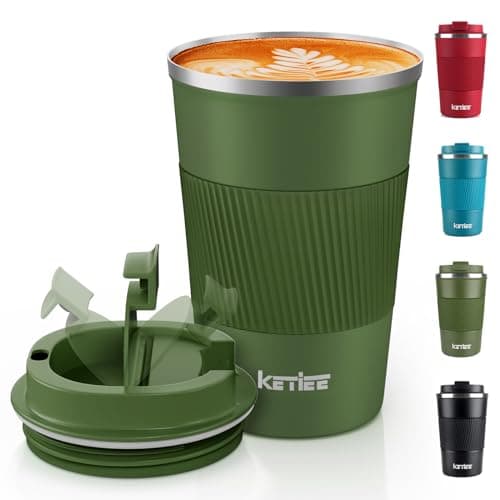 KETIEE Travel Mugs 380ml Insulated Coffee Cup with Leakproof Lid, Double Walled Coffee Mug, Reusable Coffee Cups,Stainless Steel Thermal Travel Mug for Hot Cold Drinks,Olive Drab
