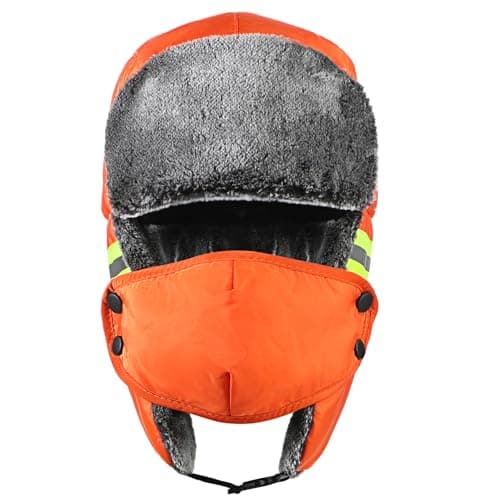 SIQITECHUK Unisex Reflective Trapper Hat with Detachable Mask Windproof Winter Warm Hat Thermal Faux Fur Trooper Hat for Skiing Hiking Cycling Camping (UK, Alpha, One Size, Orange) — view 3