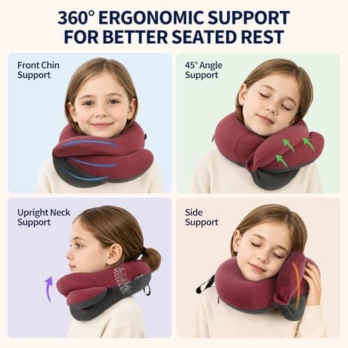 BUYUE Kids Travel Pillows for Airplane, 360° Head Support Sleeping Essentials for Boys Long Flight, Skin-Friendly Soft Neck Pillow for Traveling in Car Seat, (Small, Red-grey, 40-90 lbs) — view 2