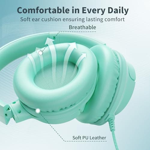 Headphones Wired with Microphone, 3.5mm Corded Headphones for School, Green — view 6