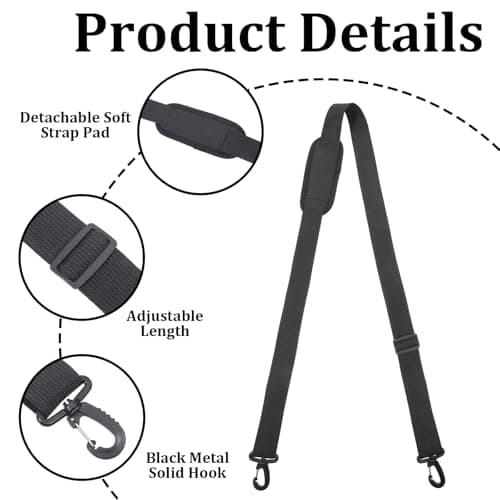 Universal Replacement Shoulder Strap with Pad, Adjustable Between 42" To 72", Soft Bag Strap with Adjustable Buckles and Metal Hooks for Laptop Messenger Bag Crossbody Bags Luggage — view 3