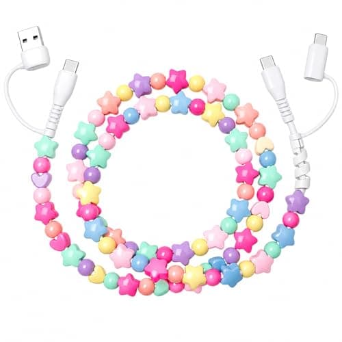 PaYuanRaoTi Beaded Phone Charger 4-in-1 Multi Charging Cable 1M, Fast 66W USB C Charger Cable with USB C to USB C 1M & USB/iOS Connectors, Cute Beaded Charger for Android Devices