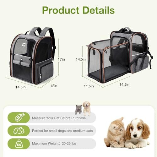 Lekesky Large Cat Carrier Backpack Expandable - Pet Carrier Backpack for Small Dogs Medium Cats Fit Up to 25 Lbs, Grey, L — view 2